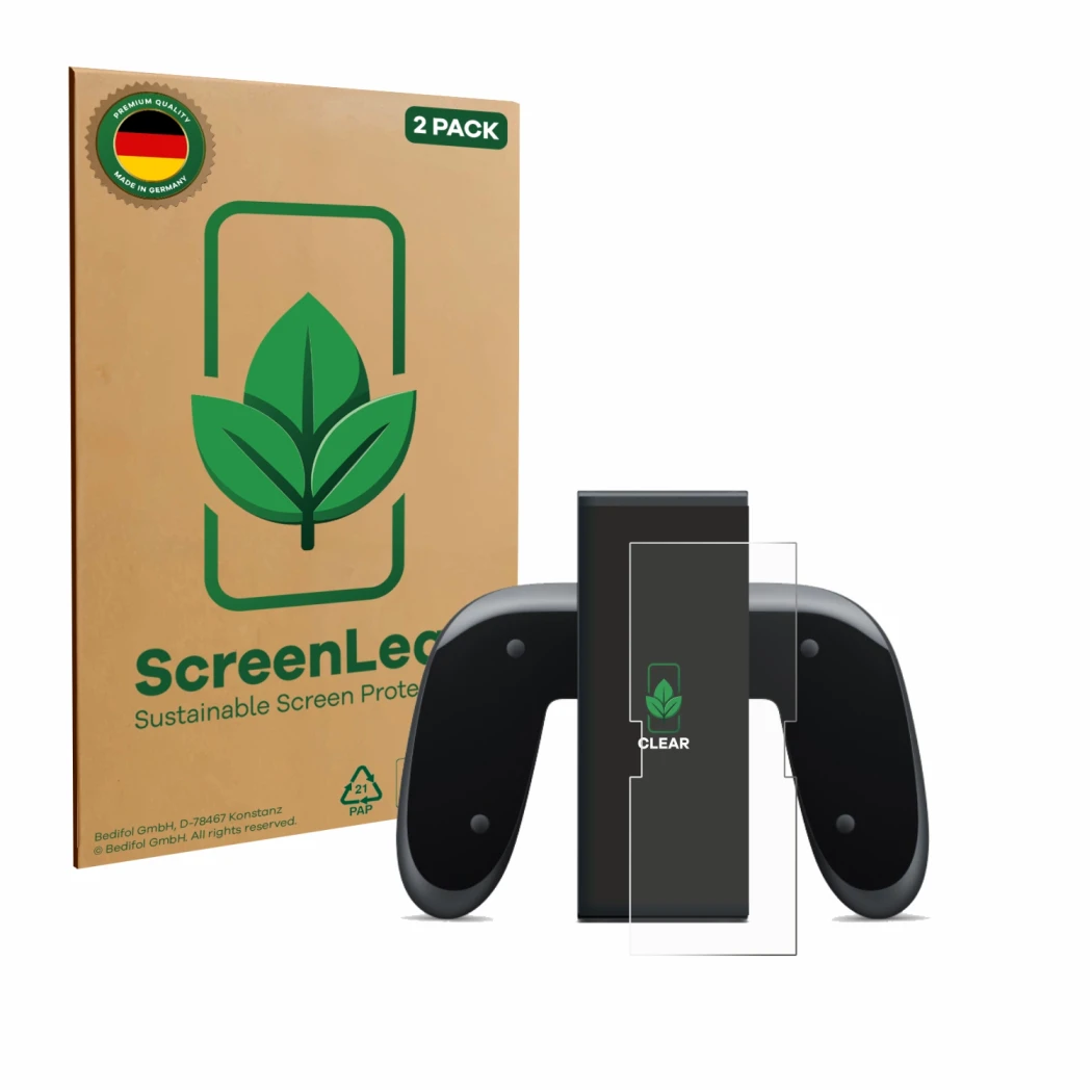 Front side of a product packaging with the brand logo ScreenLeaf. Next to it is the device Nintendo Switch 2 Joy-Con 2-Holder 