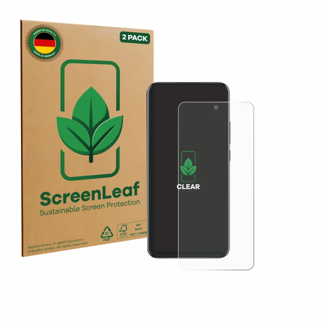 Front side of a product packaging with the brand logo ScreenLeaf. Next to it is the device Oppo Reno 13 Pro shown with the cor