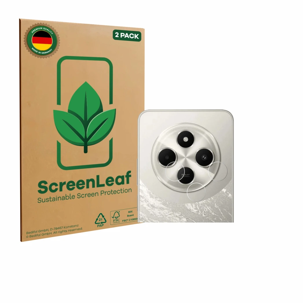 Front side of a product packaging with the brand logo ScreenLeaf. Next to it is the device Xiaomi Poco C75 (ONLY Camera Lens) 