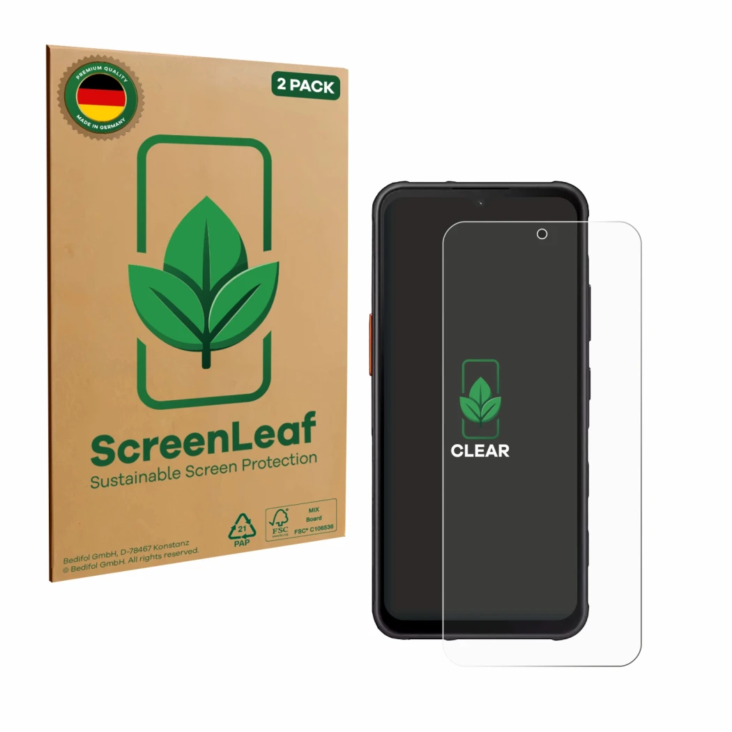 Front side of a product packaging with the brand logo ScreenLeaf. Next to it is the device Samsung Galaxy XCover 7 Enterprise 