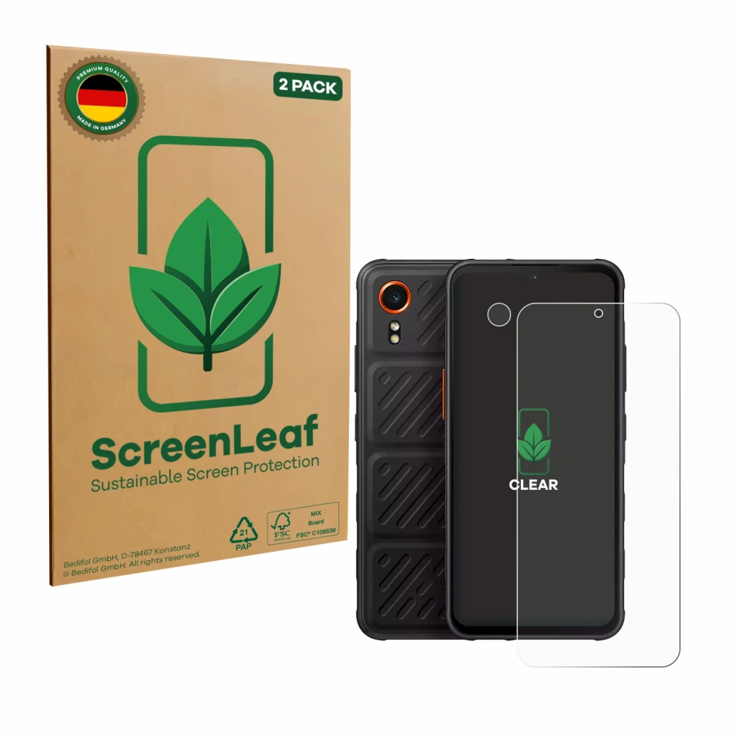 Front side of a product packaging with the brand logo ScreenLeaf. Next to it is the device Samsung Galaxy XCover 7 Enterprise 