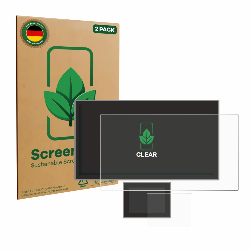 Front side of a product packaging with the brand logo ScreenLeaf. Next to it is the device Icom IC-7760 shown with the corresp