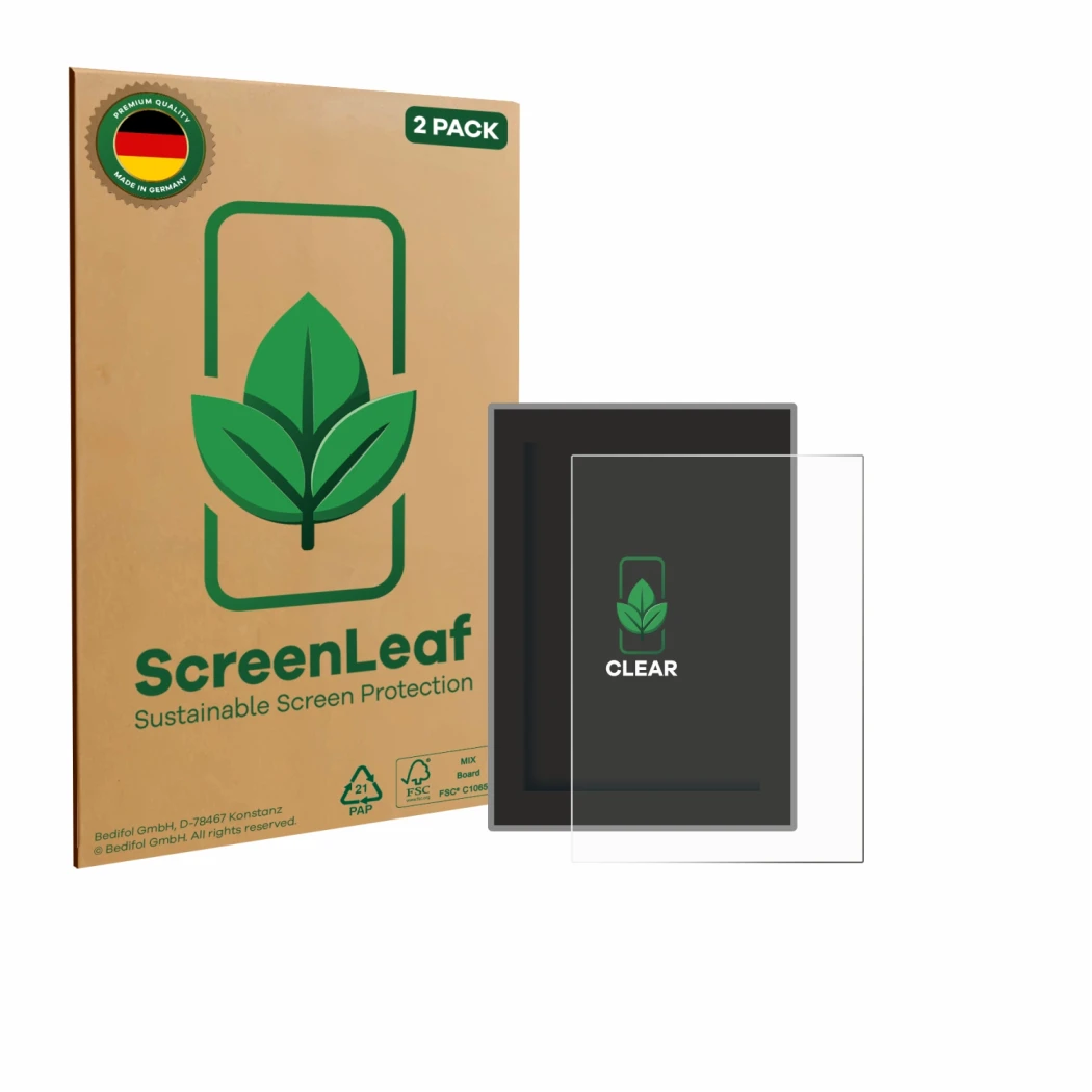 Front side of a product packaging with the brand logo ScreenLeaf. Next to it is the device Volvo XC90 (2018–2024) shown with t