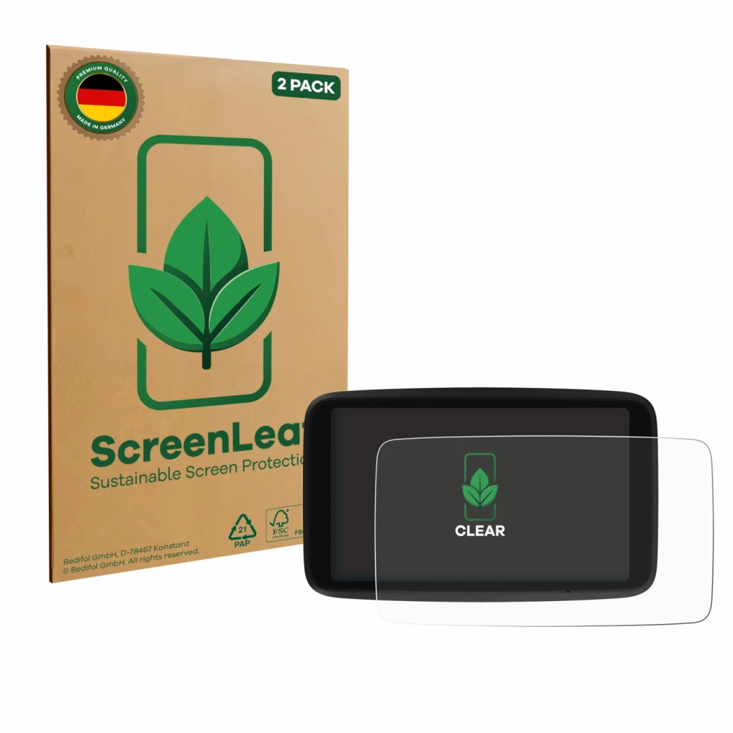 Front side of a product packaging with the brand logo ScreenLeaf. Next to it is the device TomTom Go Navigator 6