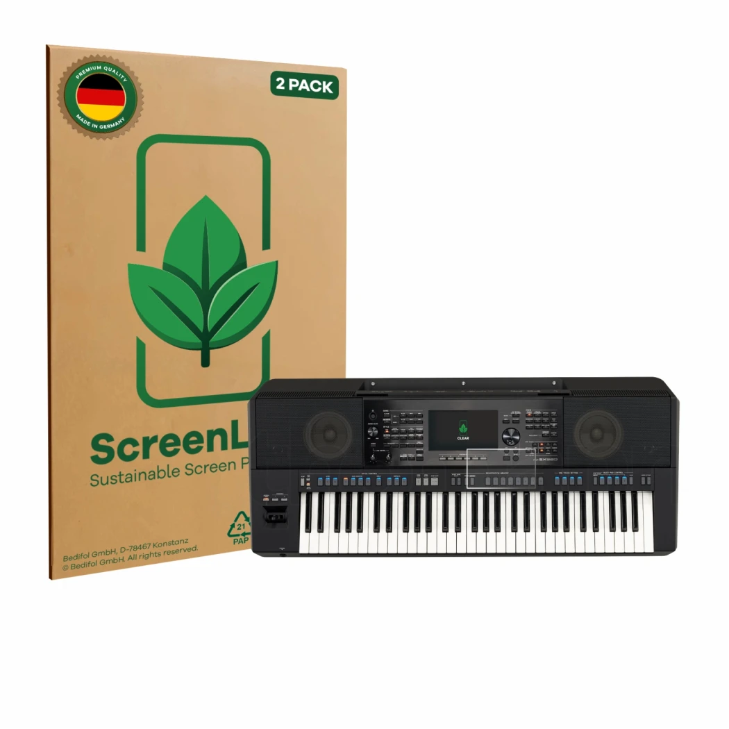 Front side of a product packaging with the brand logo ScreenLeaf. Next to it is the device Yamaha PSR-SX920 shown with the cor