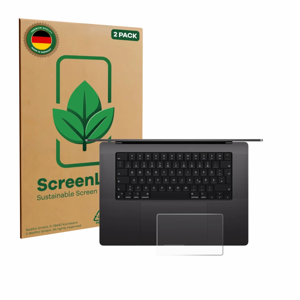 Front side of a product packaging with the brand logo ScreenLeaf. Next to it is the device Apple MacBook Pro 16