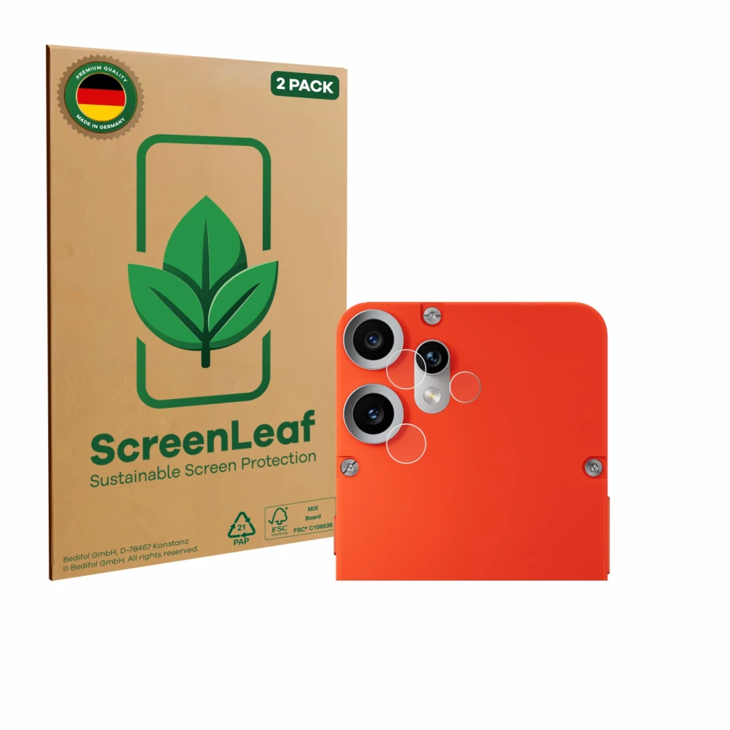 Front side of a product packaging with the brand logo ScreenLeaf. Next to it is the device Nothing CMF Phone 2 Pro (ONLY Camer