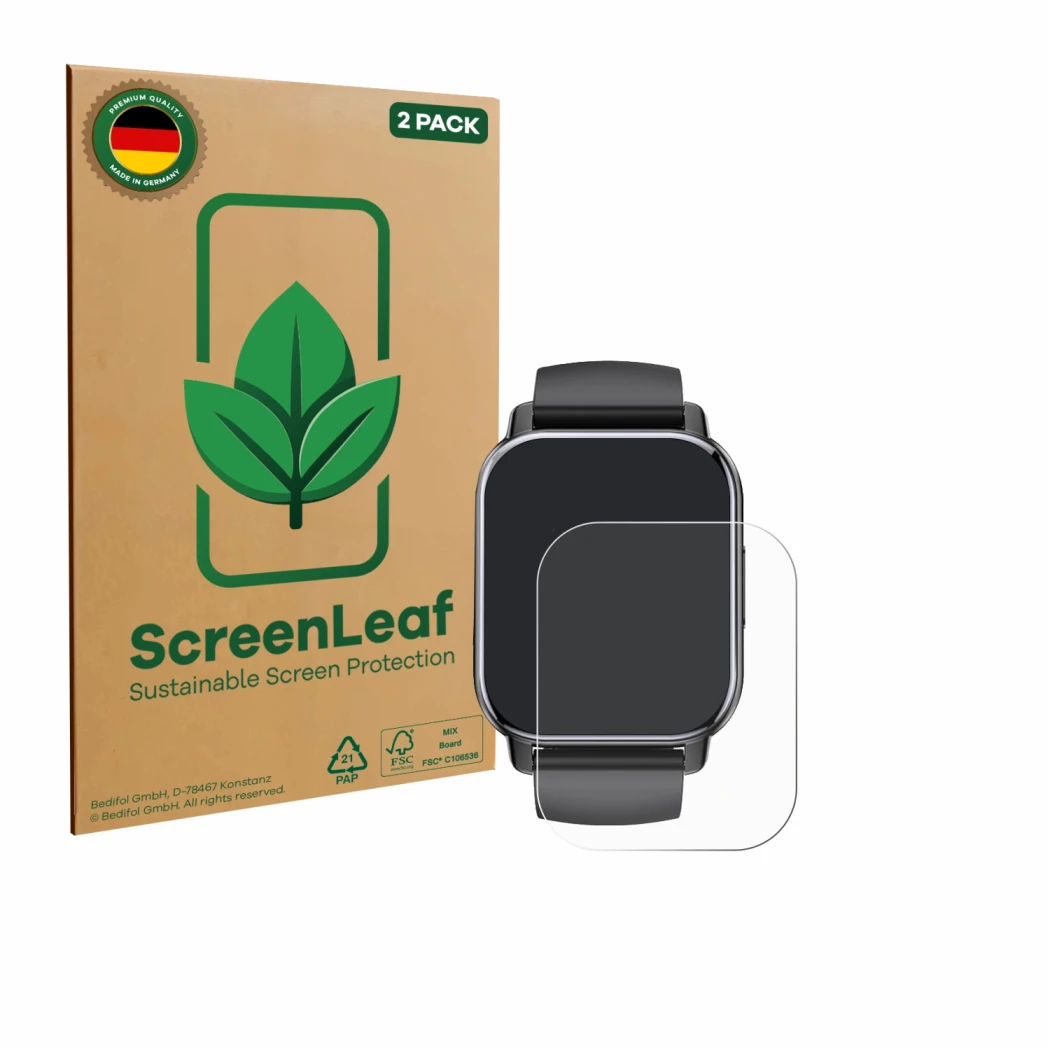 Front side of a product packaging with the brand logo ScreenLeaf. Next to it is the device Poounur T80 1.95