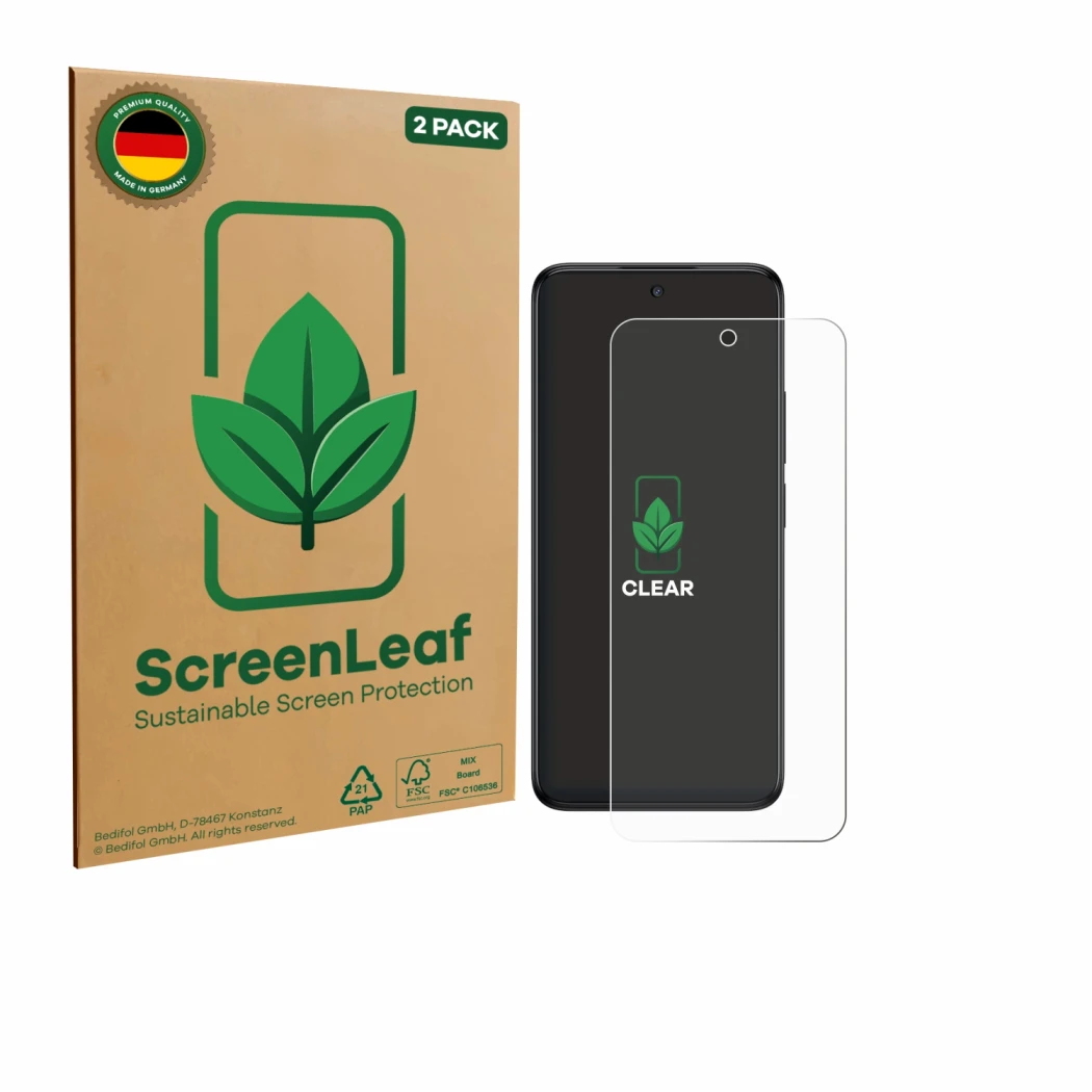 Front side of a product packaging with the brand logo ScreenLeaf. Next to it is the device TCL 60 5G shown with the correspond