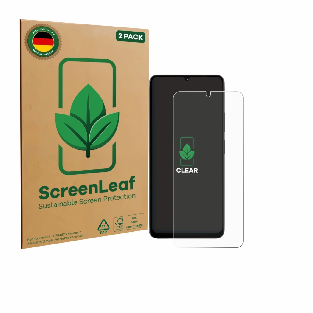 Front side of a product packaging with the brand logo ScreenLeaf. Next to it is the device Doogee Note 59 Pro shown with the c