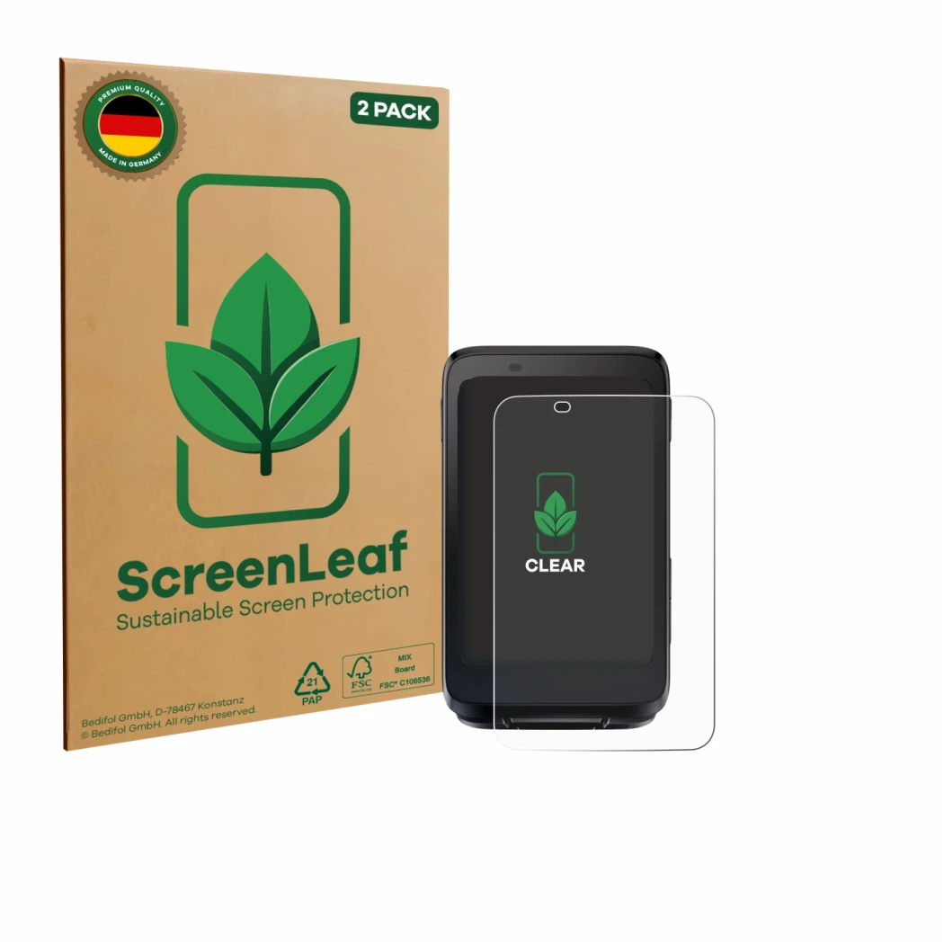 Front side of a product packaging with the brand logo ScreenLeaf. Next to it is the device iGPSPORT BiNavi shown with the corr