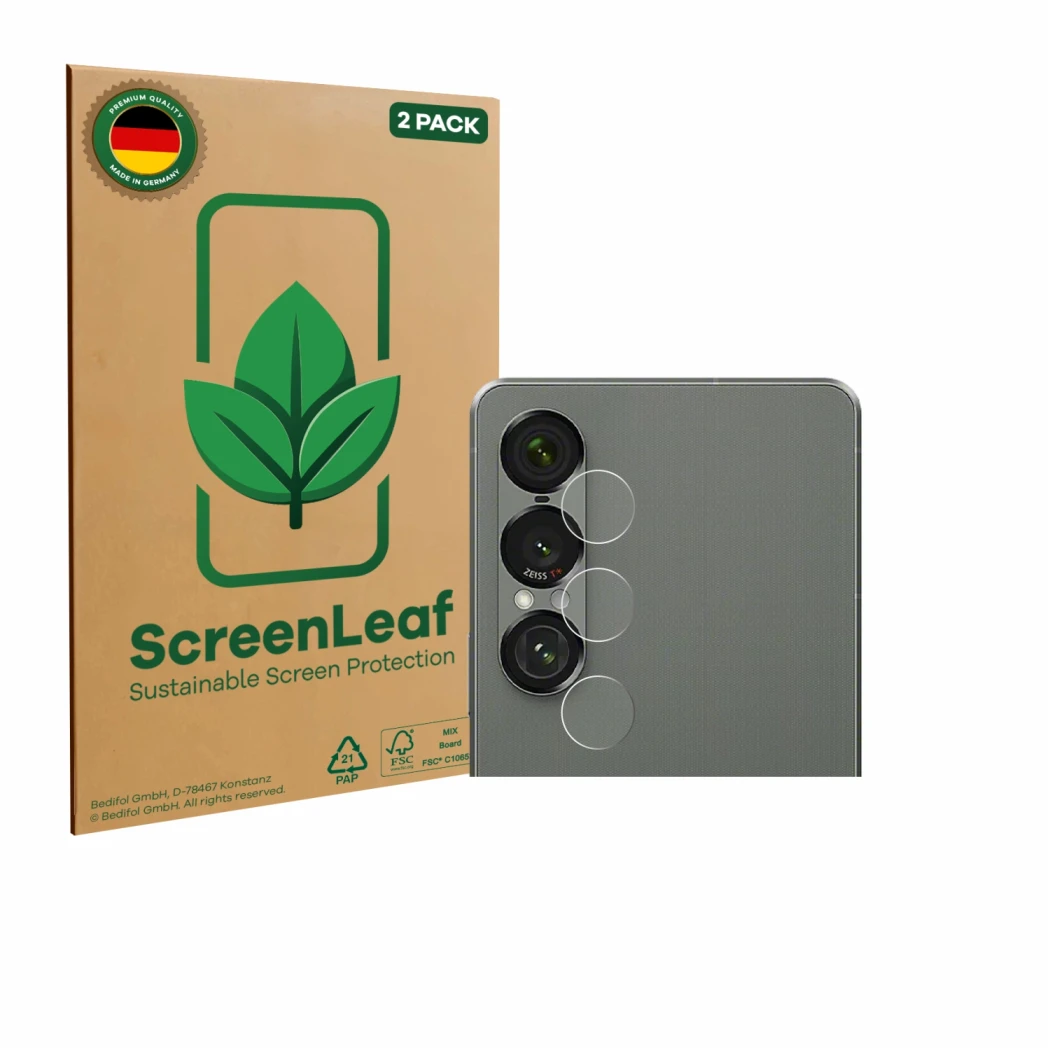 Front side of a product packaging with the brand logo ScreenLeaf. Next to it is the device Sony Xperia 1 VII (ONLY Camera Lens
