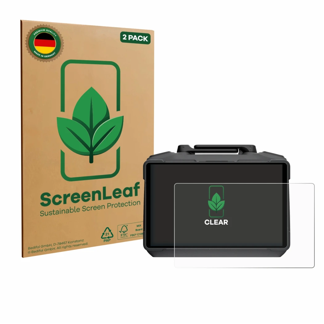 Front side of a product packaging with the brand logo ScreenLeaf. Next to it is the device DJI RC Pro 2 shown with the corresp