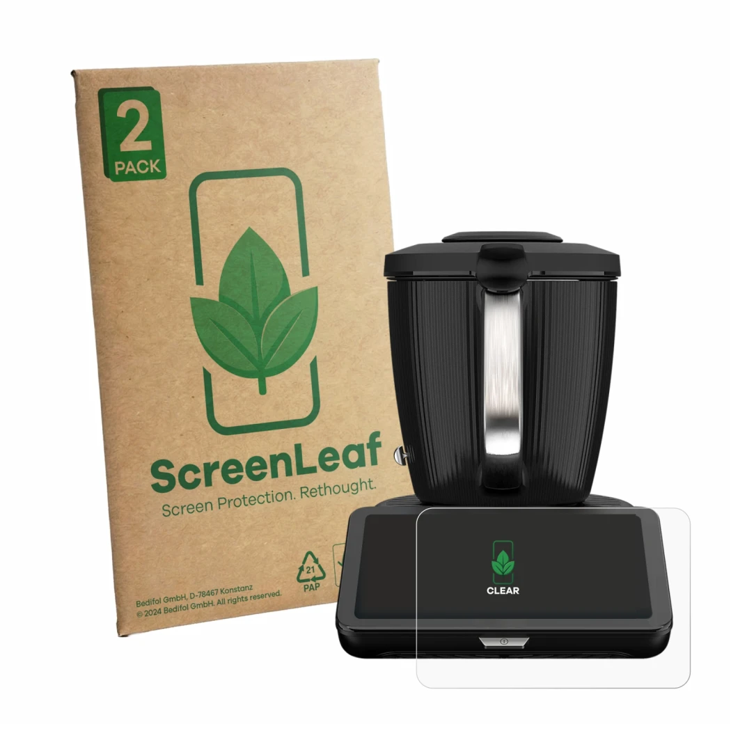Front side of a product packaging with the brand logo ScreenLeaf. Next to it is the device Vorwerk Bimby TM7 shown with the co