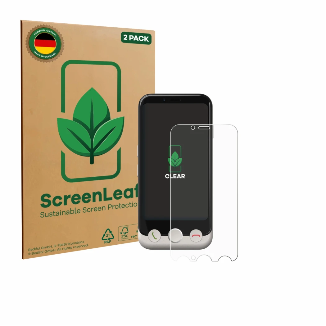 Front side of a product packaging with the brand logo ScreenLeaf. Next to it is the device Doro Aurora A10 shown with the corr