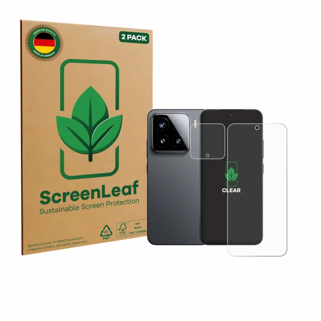 Front side of a product packaging with the brand logo ScreenLeaf. Next to it is the device Xiaomi 15 (Front+Camera) shown with