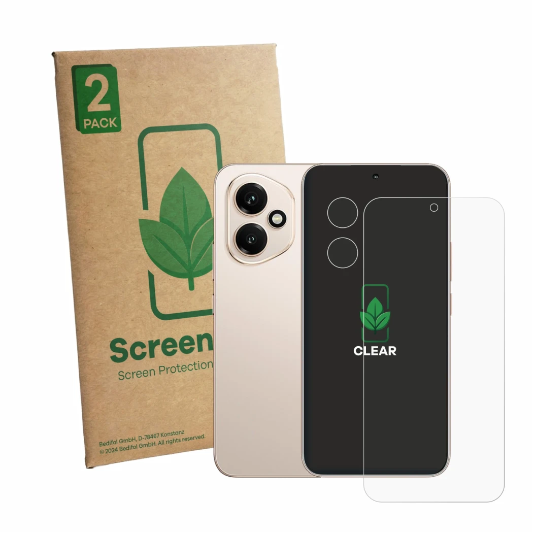 Front side of a product packaging with the brand logo ScreenLeaf. Next to it is the device Honor 400 (Front+Camera) shown with