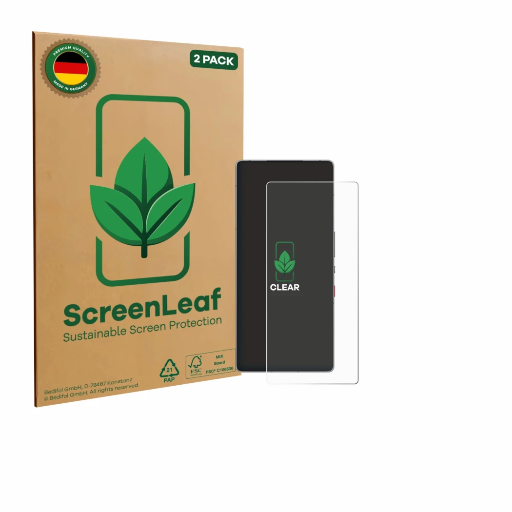 Front side of a product packaging with the brand logo ScreenLeaf. Next to it is the device ZTE Nubia Red Magic 10S Pro+ shown 