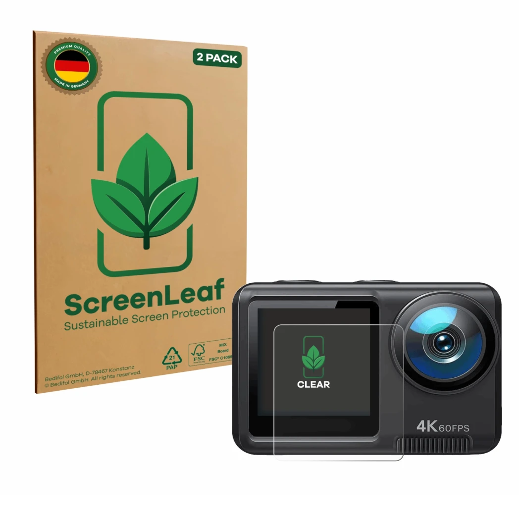 Front side of a product packaging with the brand logo ScreenLeaf. Next to it is the device Wolfang GA420 shown with the corres