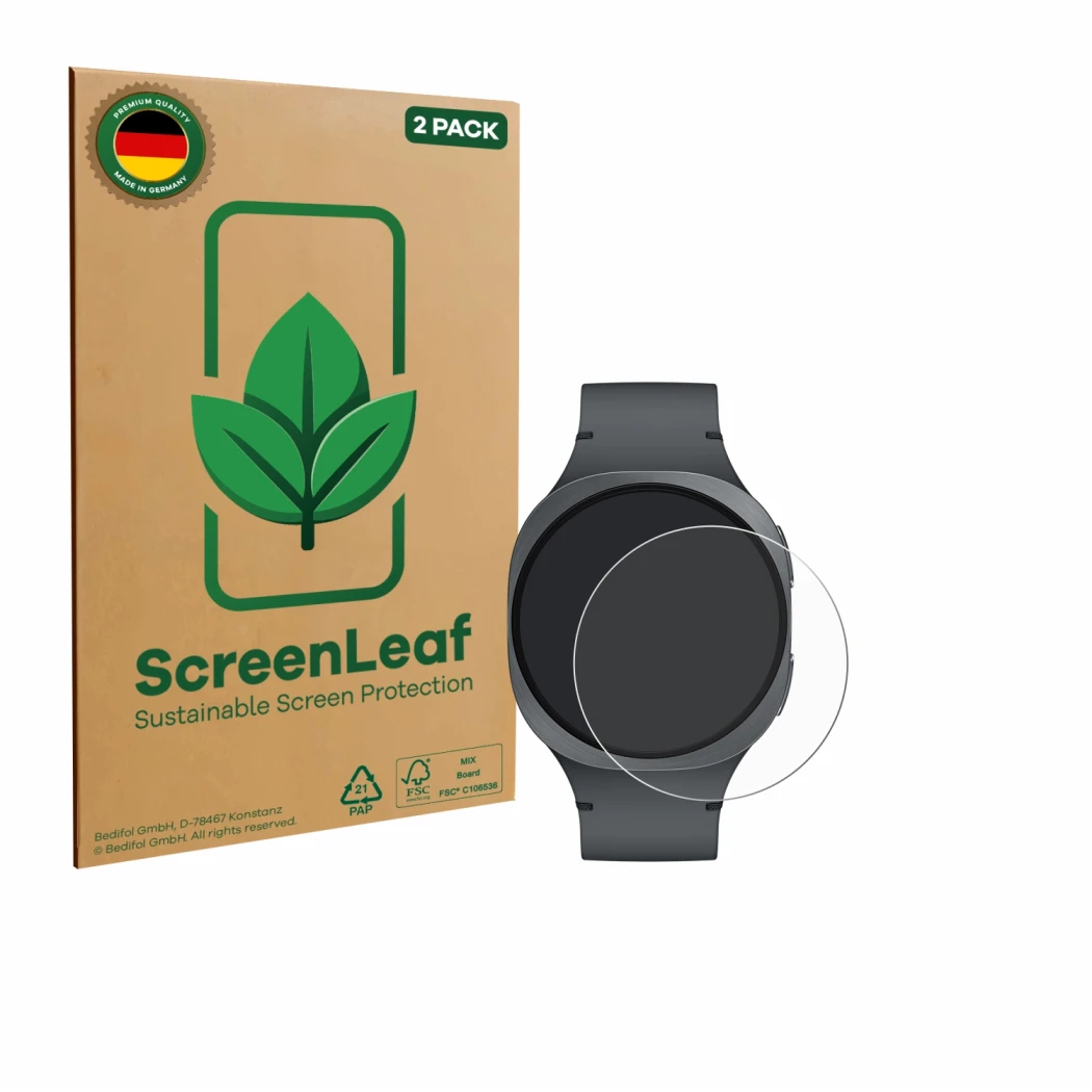 Front side of a product packaging with the brand logo ScreenLeaf. Next to it is the device Samsung Galaxy Watch 8 (40 mm) show