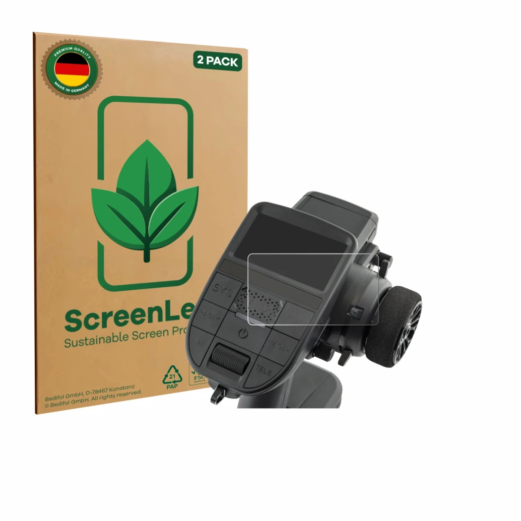 Front side of a product packaging with the brand logo ScreenLeaf. Next to it is the device Radiomaster MT12 shown with the cor