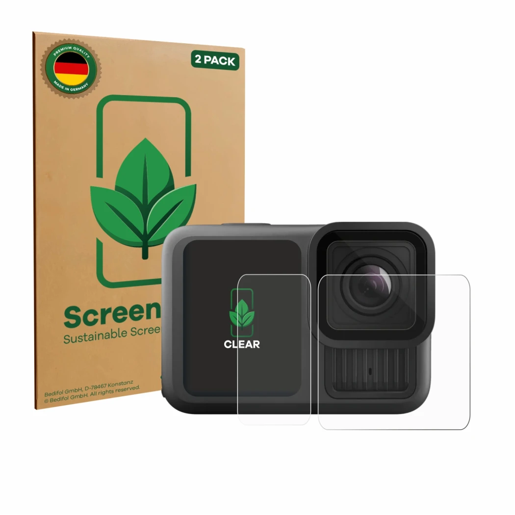 Front side of a product packaging with the brand logo ScreenLeaf. Next to it is the device GoPro Hero 13 Black Ultra Wide Edit