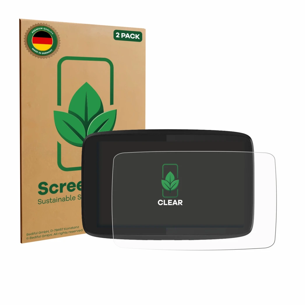 Front side of a product packaging with the brand logo ScreenLeaf. Next to it is the device TomTom GO Camper Tour shown with th