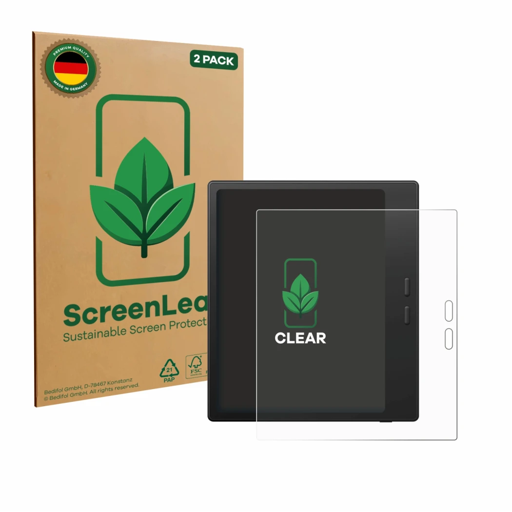 Front side of a product packaging with the brand logo ScreenLeaf. Next to it is the device Boox Go Color 7 Gen II shown with t