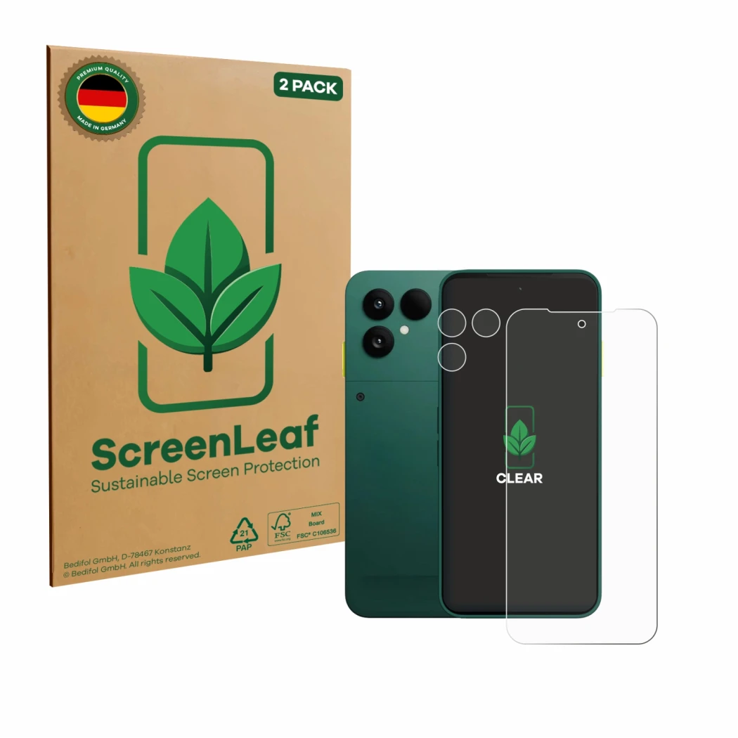 Front side of a product packaging with the brand logo ScreenLeaf. Next to it is the device Fairphone 6 (Front+Camera) shown wi
