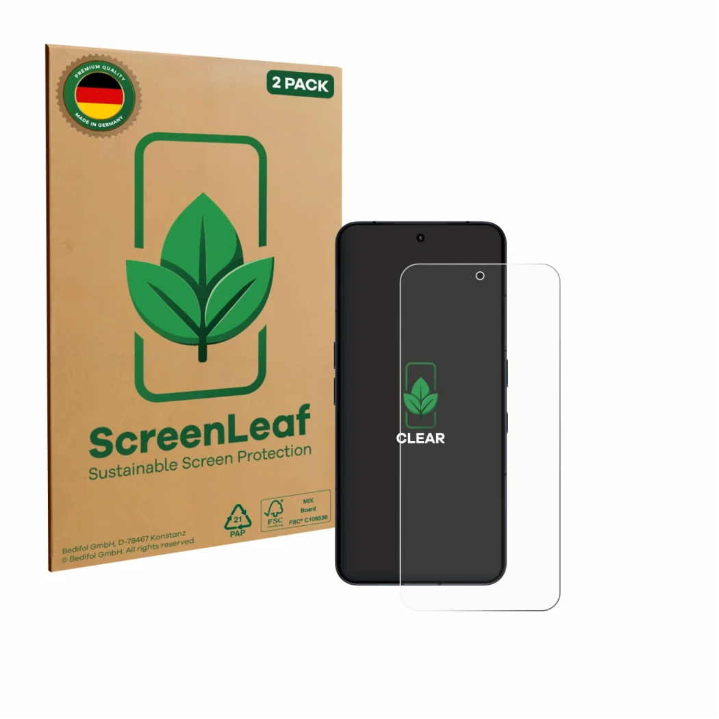Front side of a product packaging with the brand logo ScreenLeaf. Next to it is the device Nothing Phone (3) shown with the co