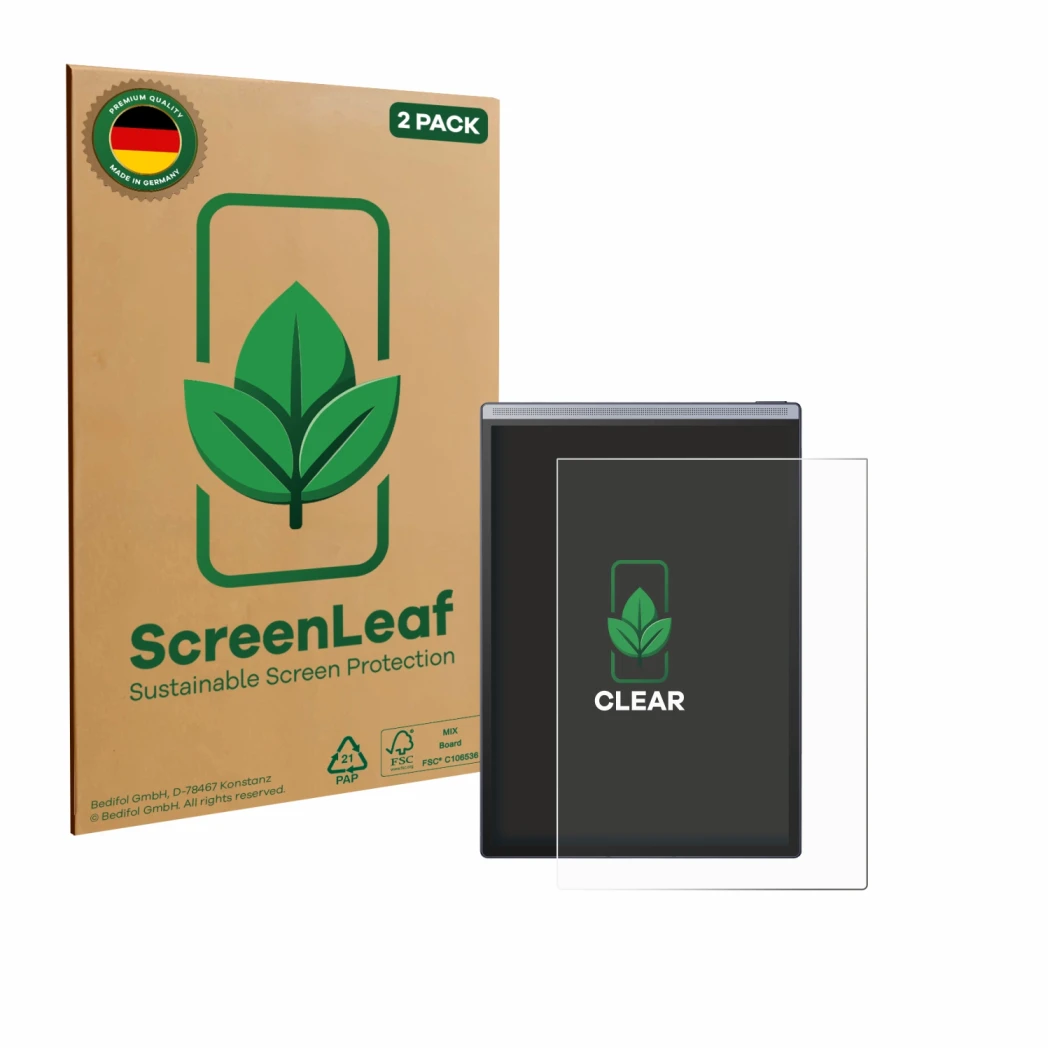 Front side of a product packaging with the brand logo ScreenLeaf. Next to it is the device iflytek Ainote Air 2 shown with the