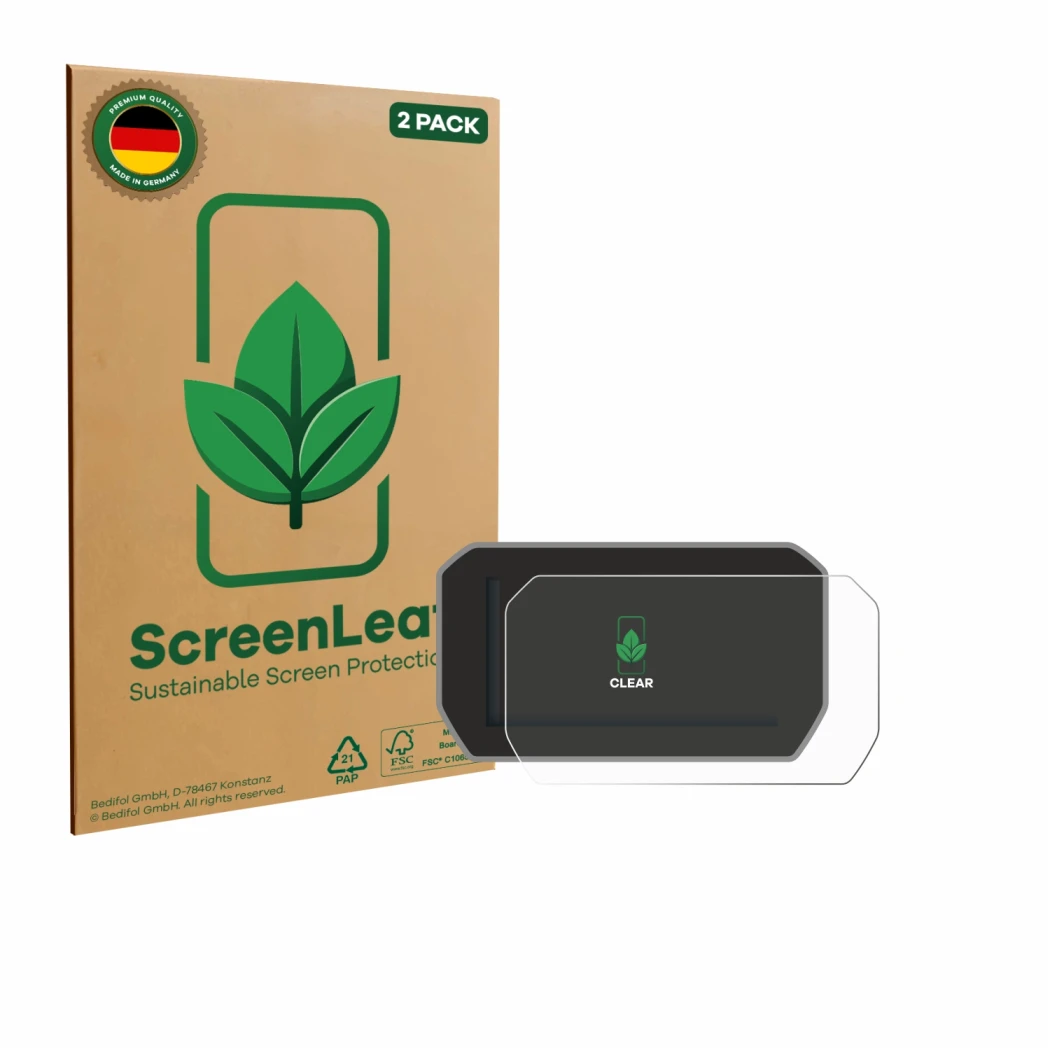 Front side of a product packaging with the brand logo ScreenLeaf. Next to it is the device Ducati V4S 2021 Speedometer display