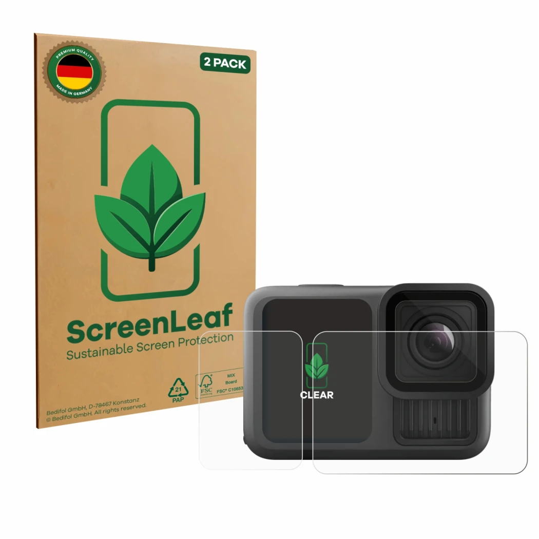 Front side of a product packaging with the brand logo ScreenLeaf. Next to it is the device GoPro Hero 13 Black Creator Edition