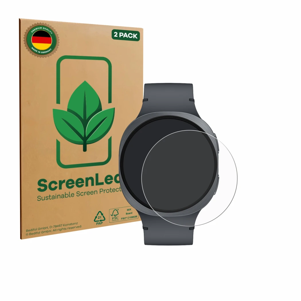 Front side of a product packaging with the brand logo ScreenLeaf. Next to it is the device Samsung Galaxy Watch 8 (44 mm) show