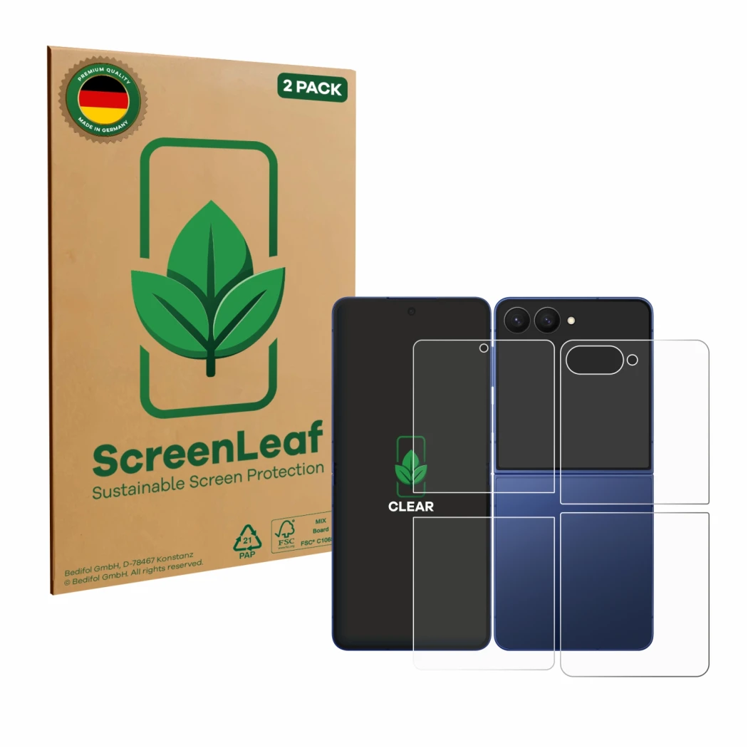 Front side of a product packaging with the brand logo ScreenLeaf. Next to it is the device Samsung Galaxy Z Flip 7 (Front+Back