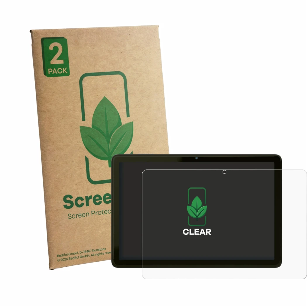 Front side of a product packaging with the brand logo ScreenLeaf. Next to it is the device VALE Tablet V10A shown with the cor
