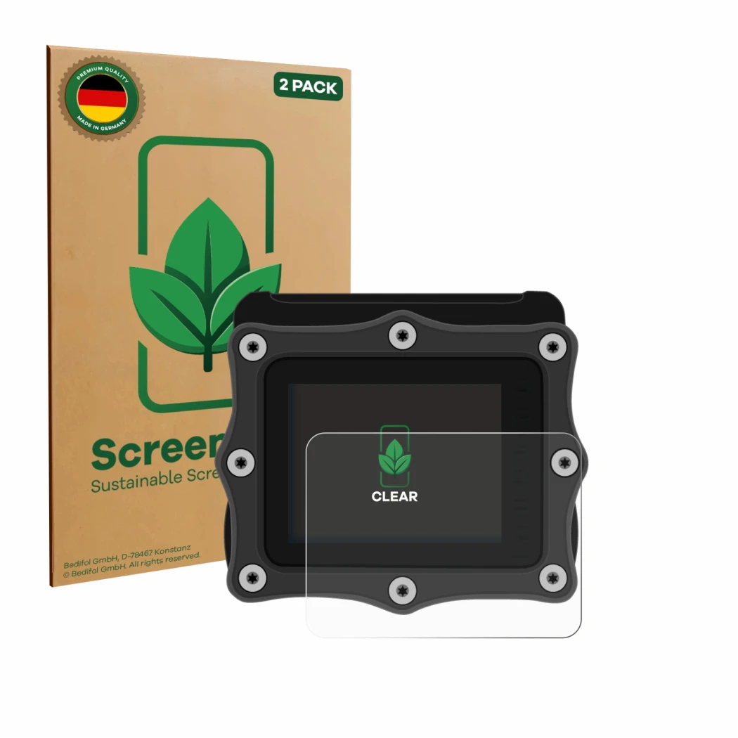 Front side of a product packaging with the brand logo ScreenLeaf. Next to it is the device Shearwater Perdix 2 shown with the 