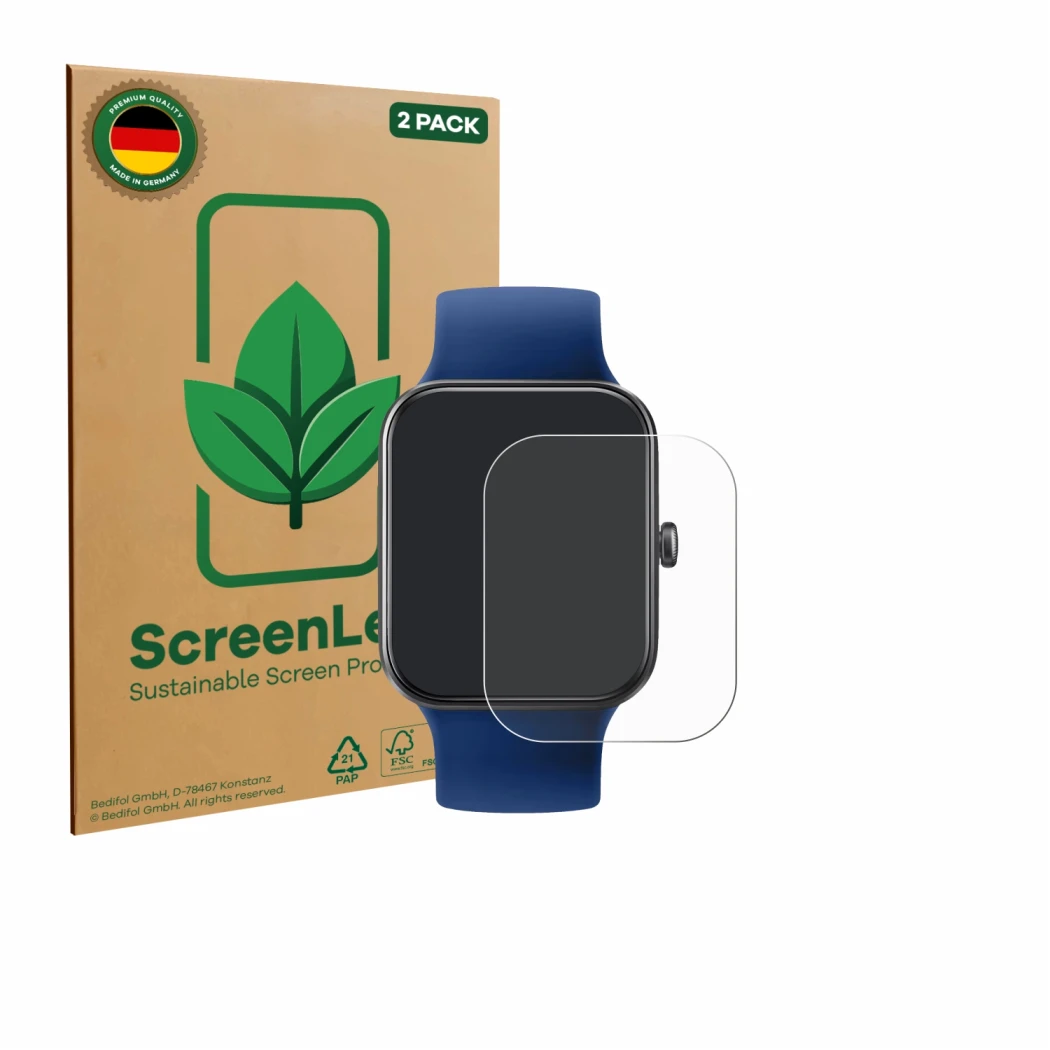 Front side of a product packaging with the brand logo ScreenLeaf. Next to it is the device Decathlon CW500 M shown with the co