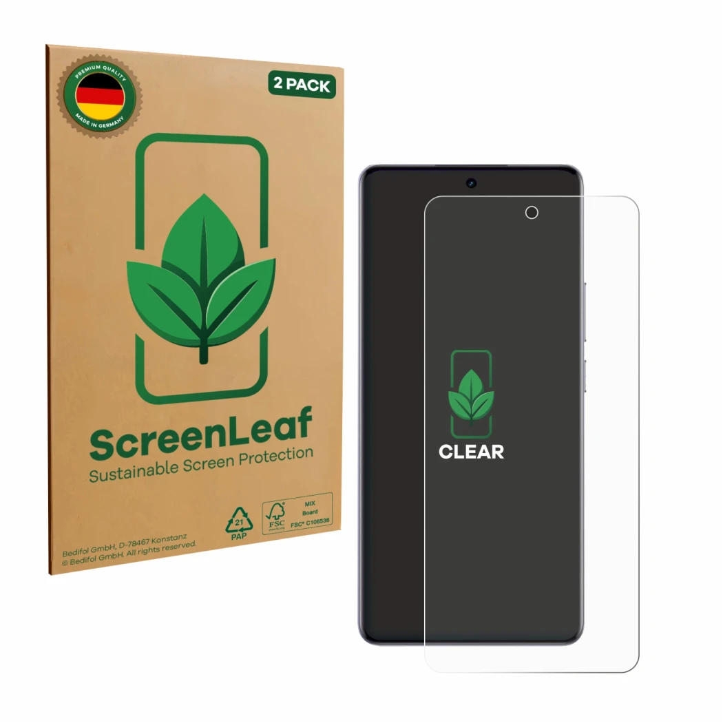 Front side of a product packaging with the brand logo ScreenLeaf. Next to it is the device realme 15 Pro shown with the corres