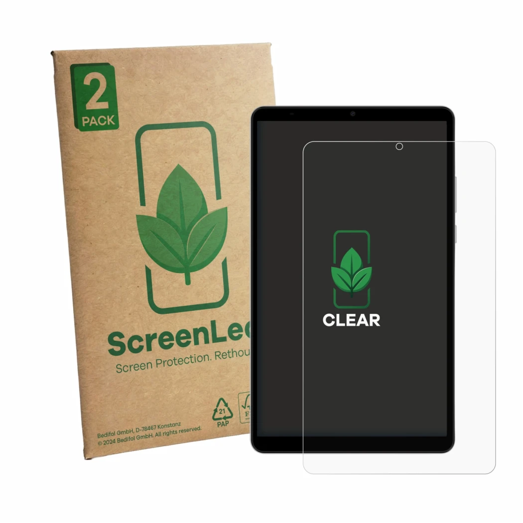 Front side of a product packaging with the brand logo ScreenLeaf. Next to it is the device Honor Pad X7 shown with the corresp