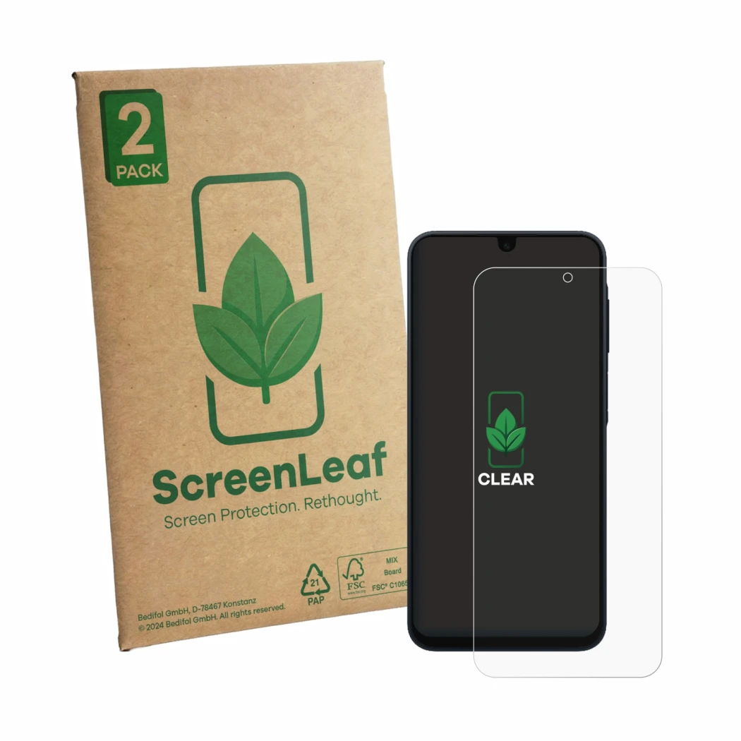 Front side of a product packaging with the brand logo ScreenLeaf. Next to it is the device Samsung Galaxy A17 5G shown with th