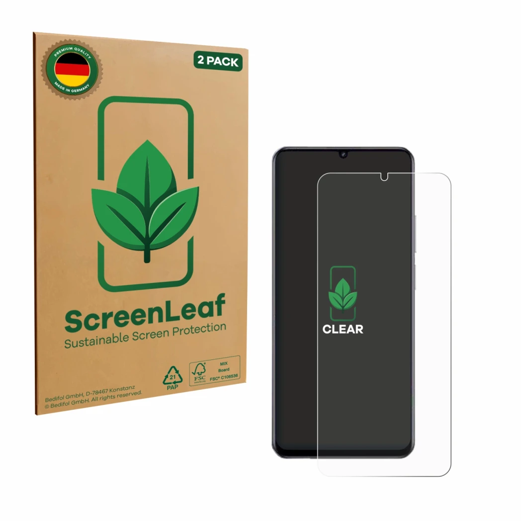 Front side of a product packaging with the brand logo ScreenLeaf. Next to it is the device realme Note 70T shown with the corr