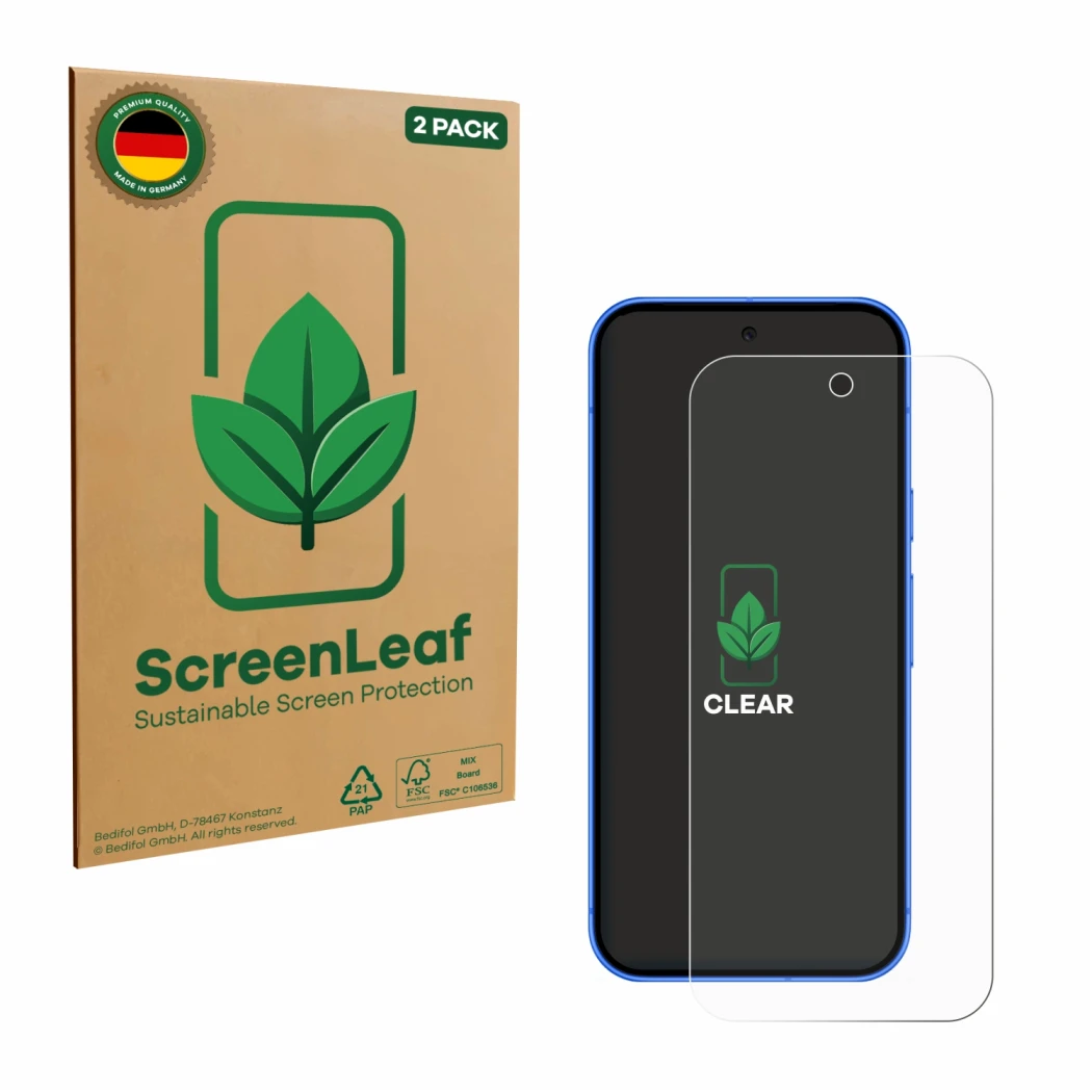 Front side of a product packaging with the brand logo ScreenLeaf. Next to it is the device Google Pixel 10 shown with the corr