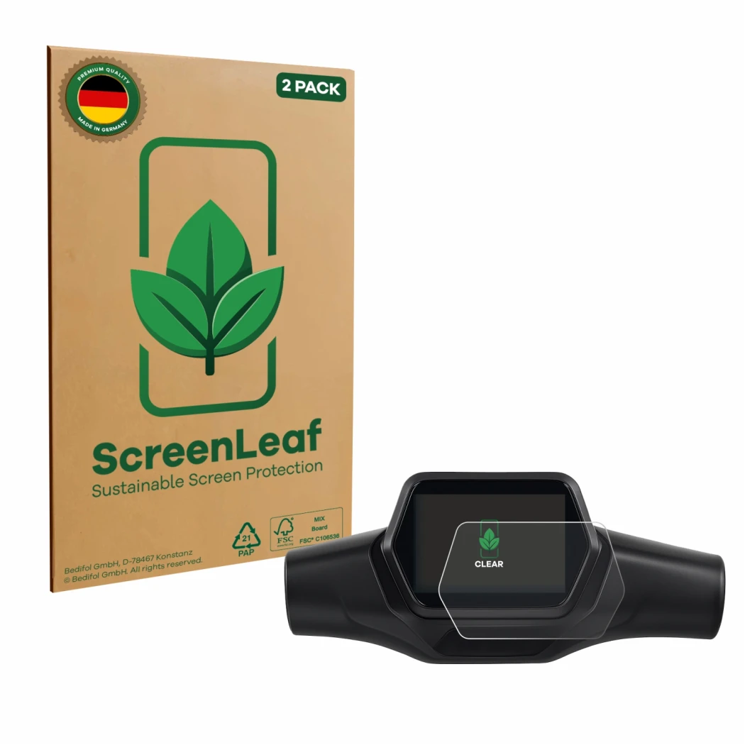 Front side of a product packaging with the brand logo ScreenLeaf. Next to it is the device Segway Ninebot ZT3 Pro D shown with