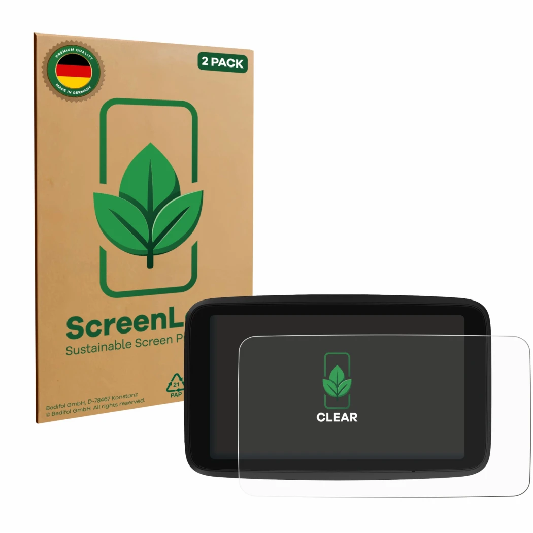 Front side of a product packaging with the brand logo ScreenLeaf. Next to it is the device TomTom GO Classic 6