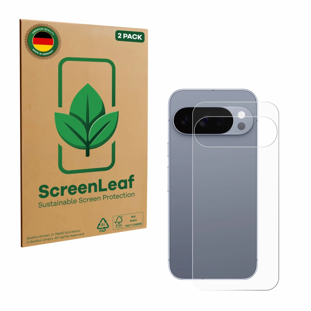 Front side of a product packaging with the brand logo ScreenLeaf. Next to it is the device Google Pixel 10 Pro (Back) shown wi