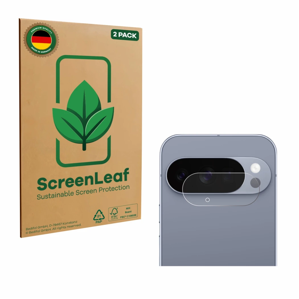 Front side of a product packaging with the brand logo ScreenLeaf. Next to it is the device Google Pixel 10 Pro (ONLY Camera Le