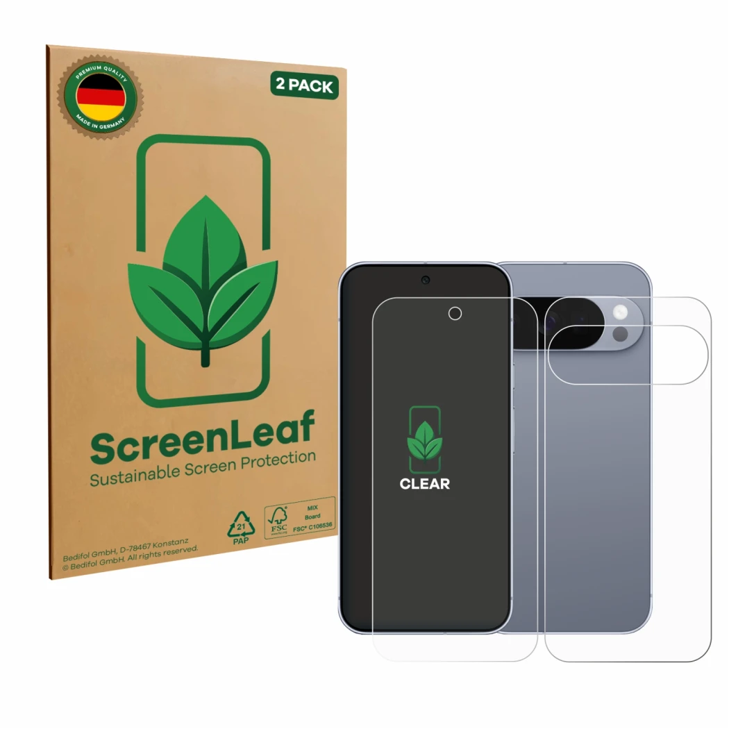Front side of a product packaging with the brand logo ScreenLeaf. Next to it is the device Google Pixel 10 Pro (Front+Back) sh