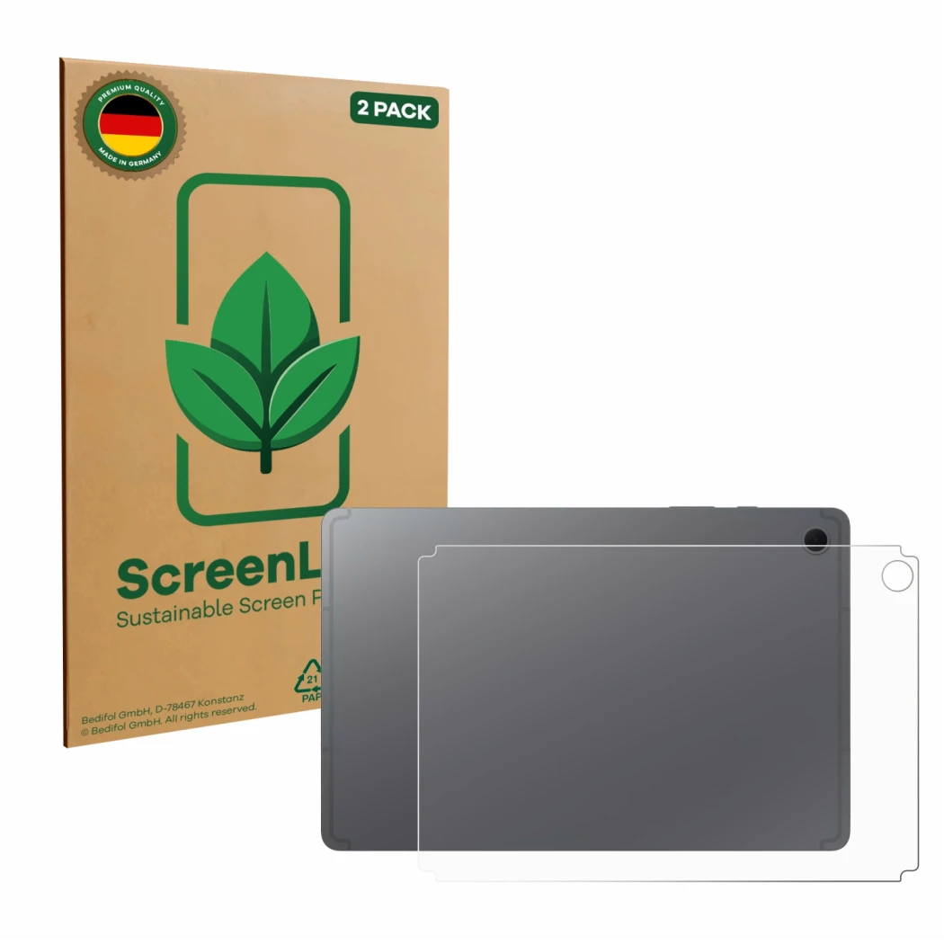 Front side of a product packaging with the brand logo ScreenLeaf. Next to it is the device Samsung Galaxy Tab S10 Lite (Back) 