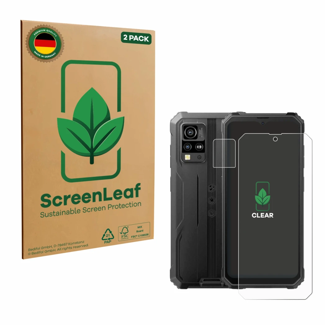 Front side of a product packaging with the brand logo ScreenLeaf. Next to it is the device Blackview BV4800 (Front+Camera) sho